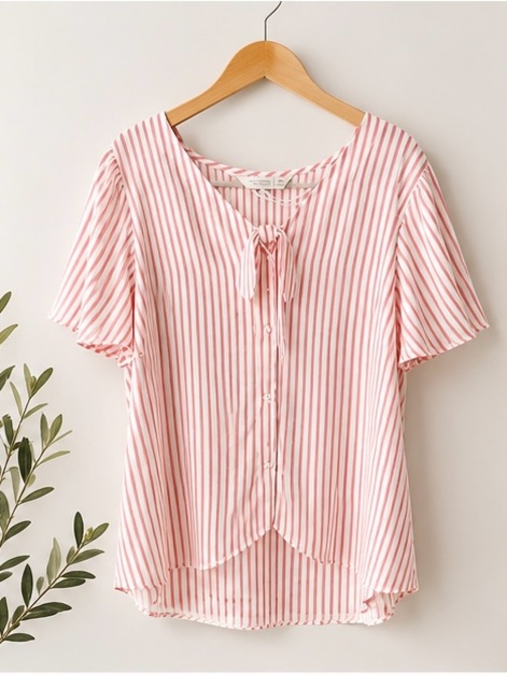 LC Lauren Conrad Pink and White Striped Tie-Neck Blouse